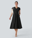 Breezeful™ V Neck Short Sleeve Pocket Tie Back Quick Dry Midi Casual Dress - Black