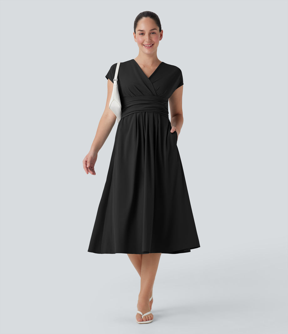Breezeful™ V Neck Short Sleeve Pocket Tie Back Quick Dry Midi Casual Dress - Black