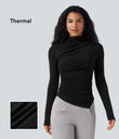 Mock-neck Long Sleeve Ruched Asymmetric Hem Thermal Casual Top - Black