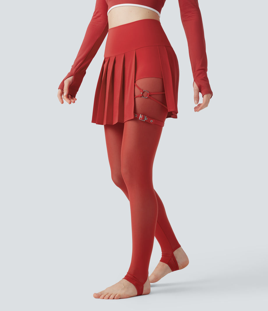Breezeful™ High Waisted Pleated 2-in-1 Contrast Mesh Quick Dry Dance Stirrup Skirted Leggings with Pockets - Pompeian Red