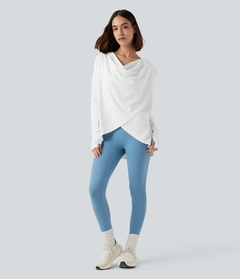 Hooded Cowl Neck Long Sleeve Thumb Hole Yoga Sports Top with Pockets - White