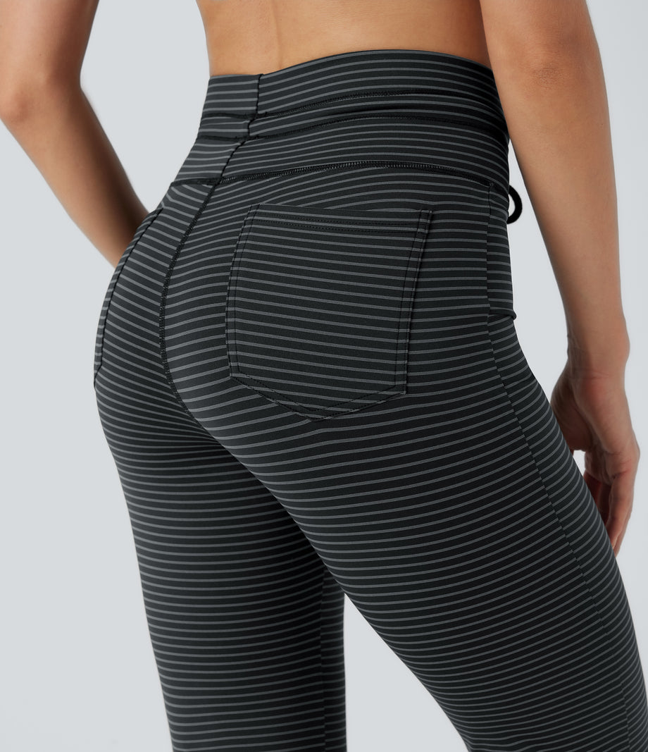 High Waisted Drawstring Stripe Flare Yoga Pants with Pockets - Steel Stripe