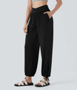 Crossover High Waisted Pocket Drawstring Casual Joggers - Black