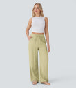 High Waisted Drawstring Pocket Wide Leg Baggy Casual Linen-Feel Pants - Golden Mist