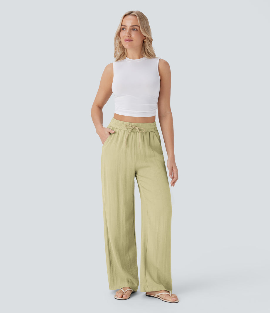 High Waisted Drawstring Pocket Wide Leg Baggy Casual Linen-Feel Pants - Golden Mist