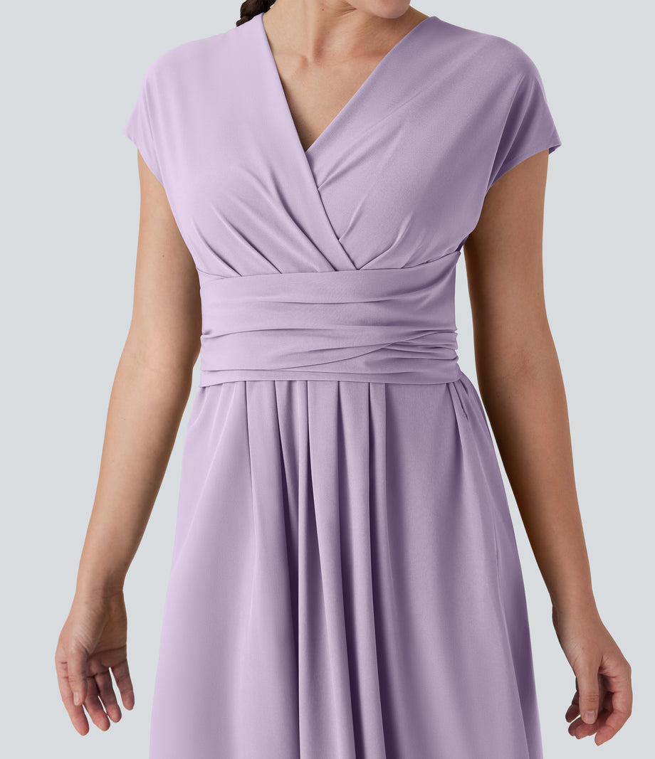 Breezeful™ V Neck Short Sleeve Pocket Tie Back Quick Dry Midi Casual Dress - Leisurely Lavender