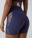 SoftlyZero™ High Waisted Crossover Contrast Lace Pocket Yoga Biker Shorts 5''-UPF50+ - Peacoat