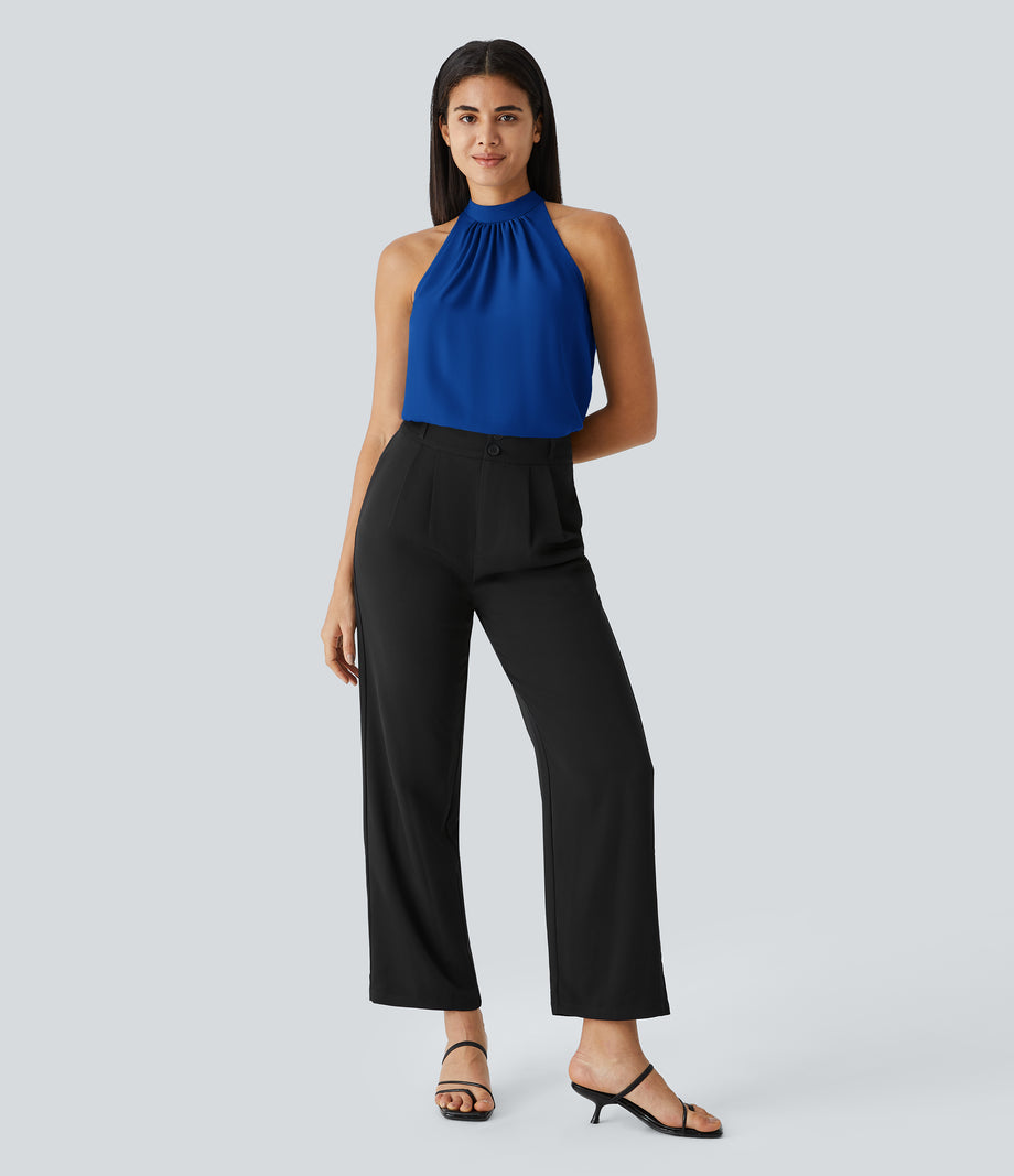 Keyhole Back Halter Sleeveless Curved Hem Work Blouse - Surf the Web