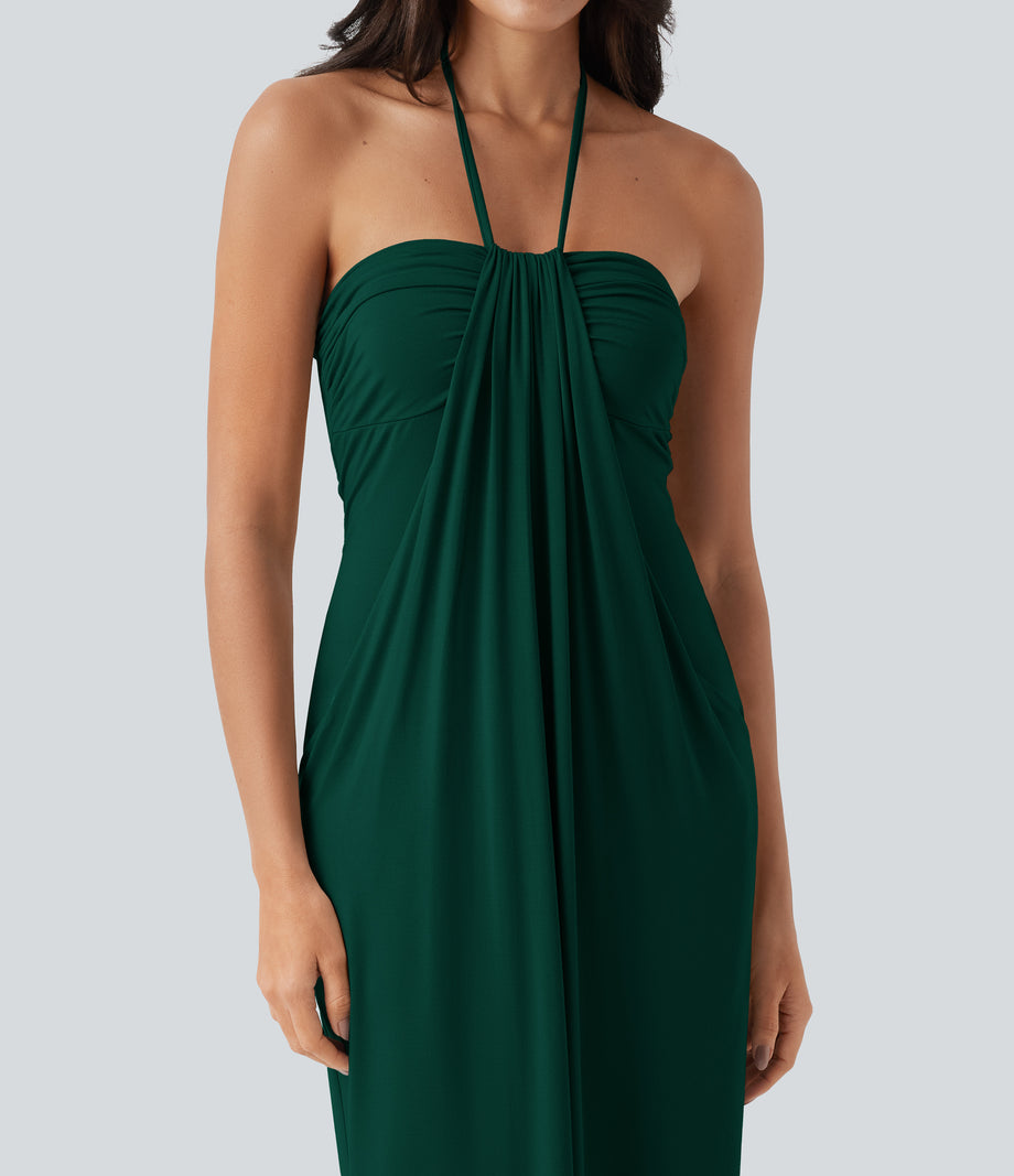 Halter Tie Back Maxi Dress with Pockets - Emerald Green