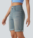 Halara Flex™ High Waisted Pockets Rolled Hem Washed Denim Casual Bermuda Shorts - Blue Surf Denim