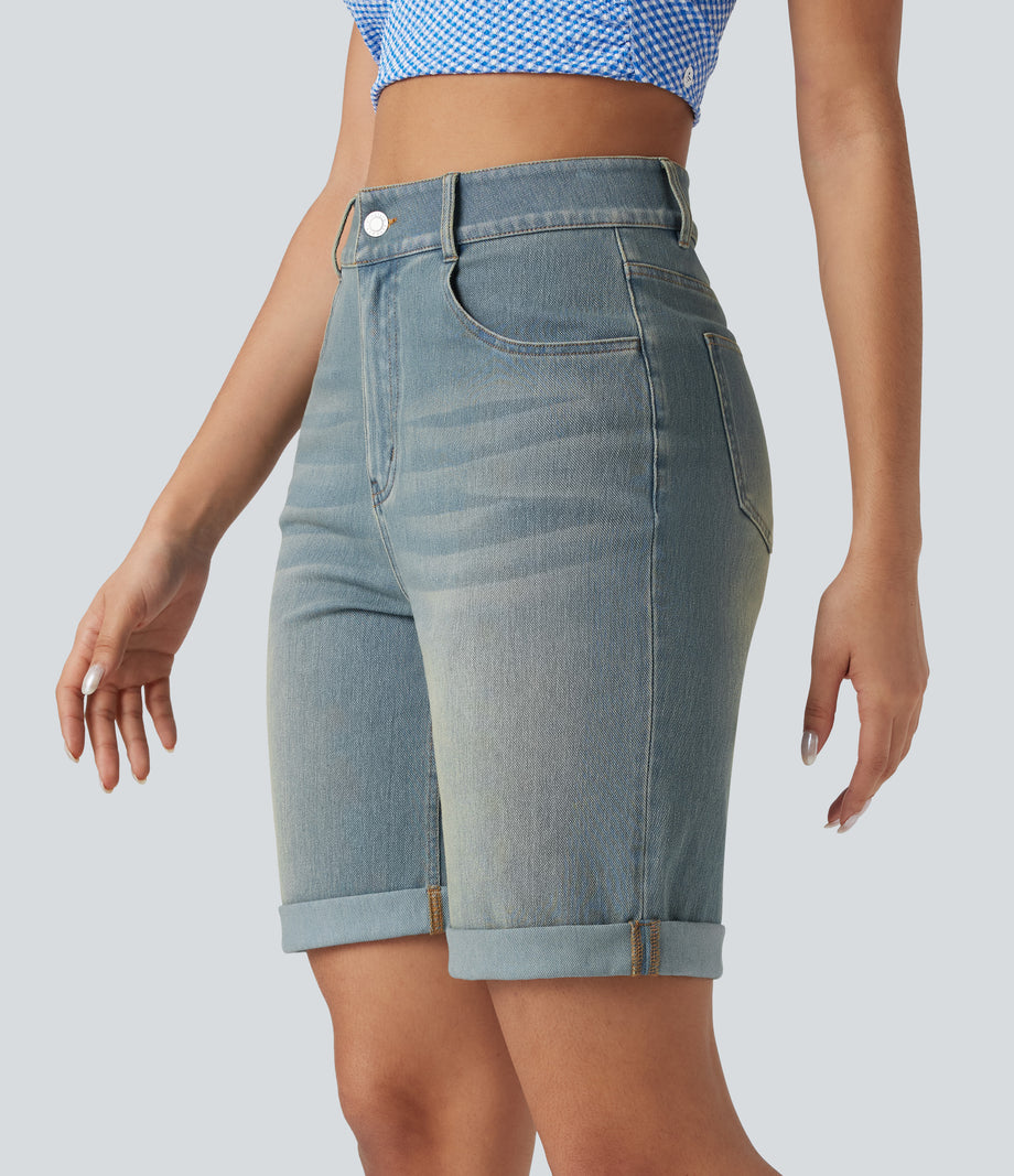 Halara Flex™ High Waisted Pockets Rolled Hem Washed Denim Casual Bermuda Shorts - Blue Surf Denim
