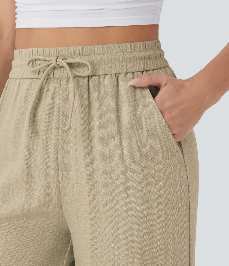 High Waisted Drawstring Pocket Wide Leg Baggy Casual Linen-Feel Pants - Fields of Rye