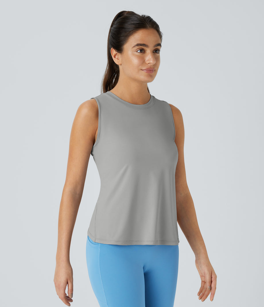 Cut Out Crossover Hem Solid Yoga Tank Top - Mist Grey