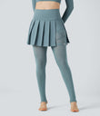 Breezeful™ High Waisted Pleated 2-in-1 Contrast Mesh Quick Dry Dance Stirrup Skirted Leggings with Pockets - Stone Blue