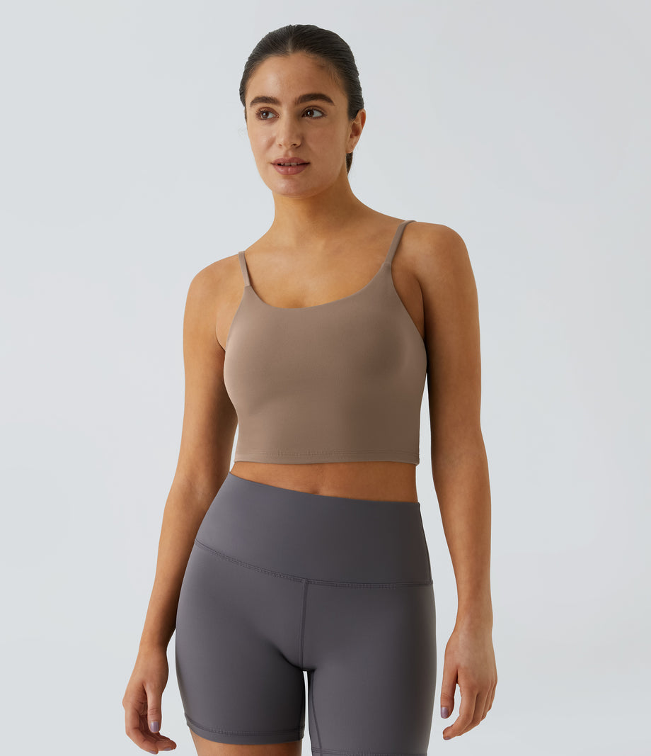 Basic Padded Workout Cropped Low Support Tank Top A-D Cups - Woodsmoke