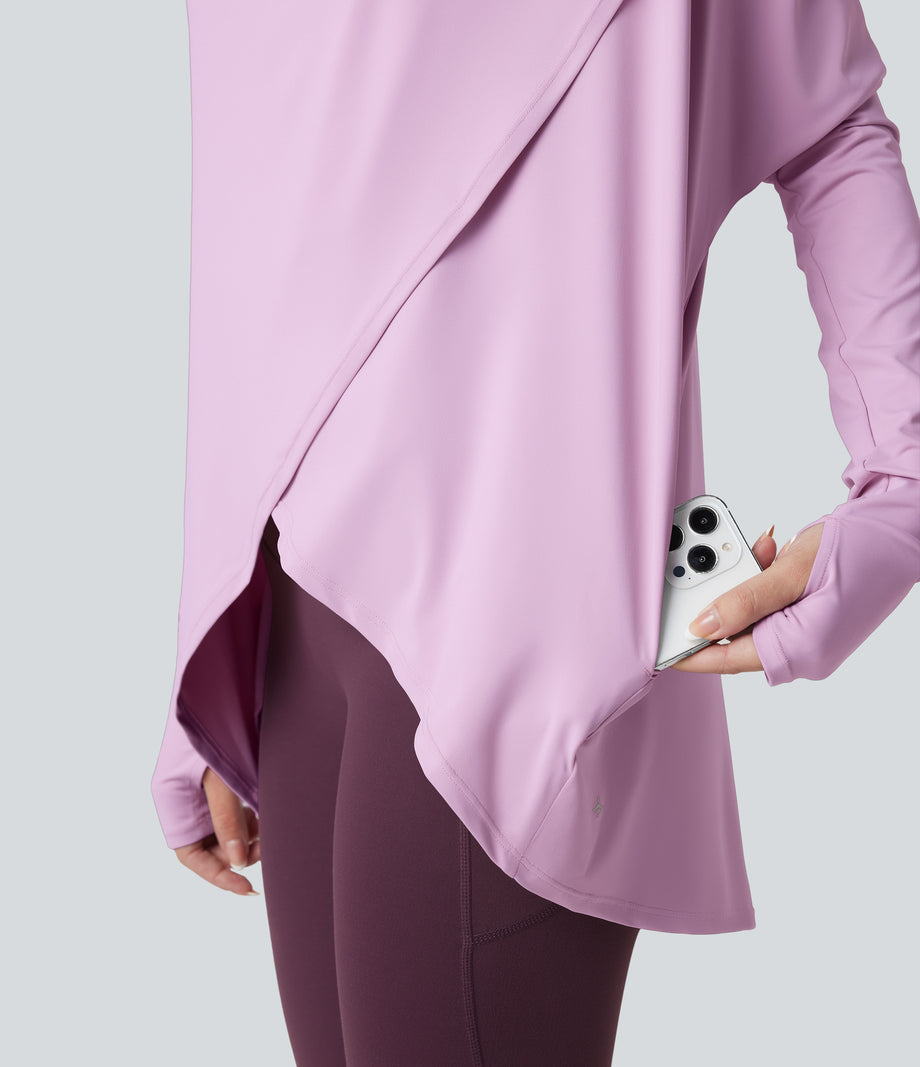 Hooded Cowl Neck Long Sleeve Thumb Hole Yoga Sports Top with Pockets - Orchid Bouquet