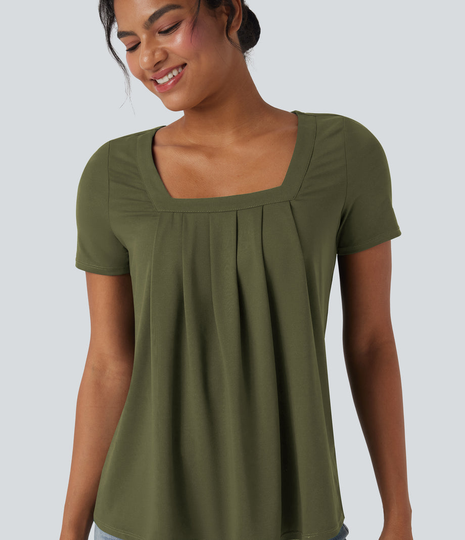 Square Neck Short Sleeve Casual Top - Capulet Olive
