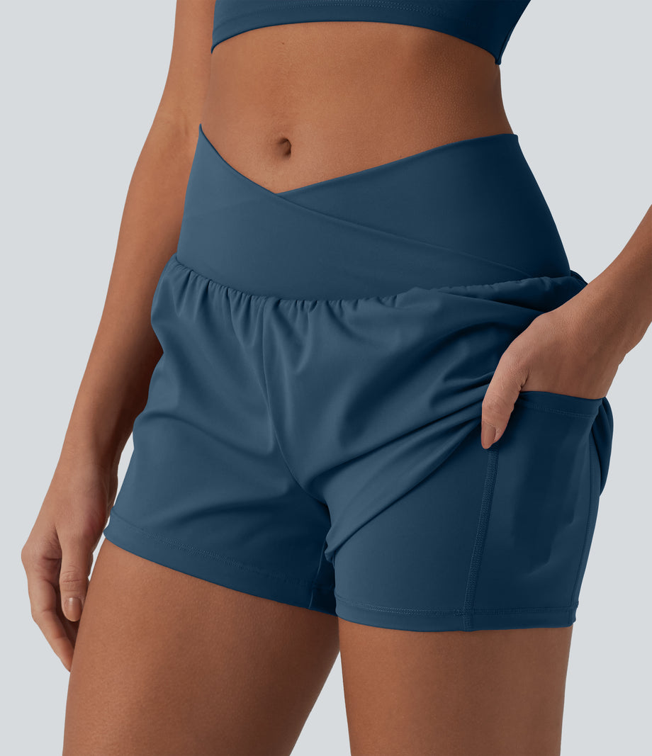SoftlyZero™ Airy Crossover High Waisted 2-in-1 Cool Touch Yoga Shorts 3'' with Pockets - Majolica Blue