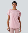 One Shoulder Short Sleeve Curved Hem High Low Quick Dry Yoga Sports Top - Pale Lilac