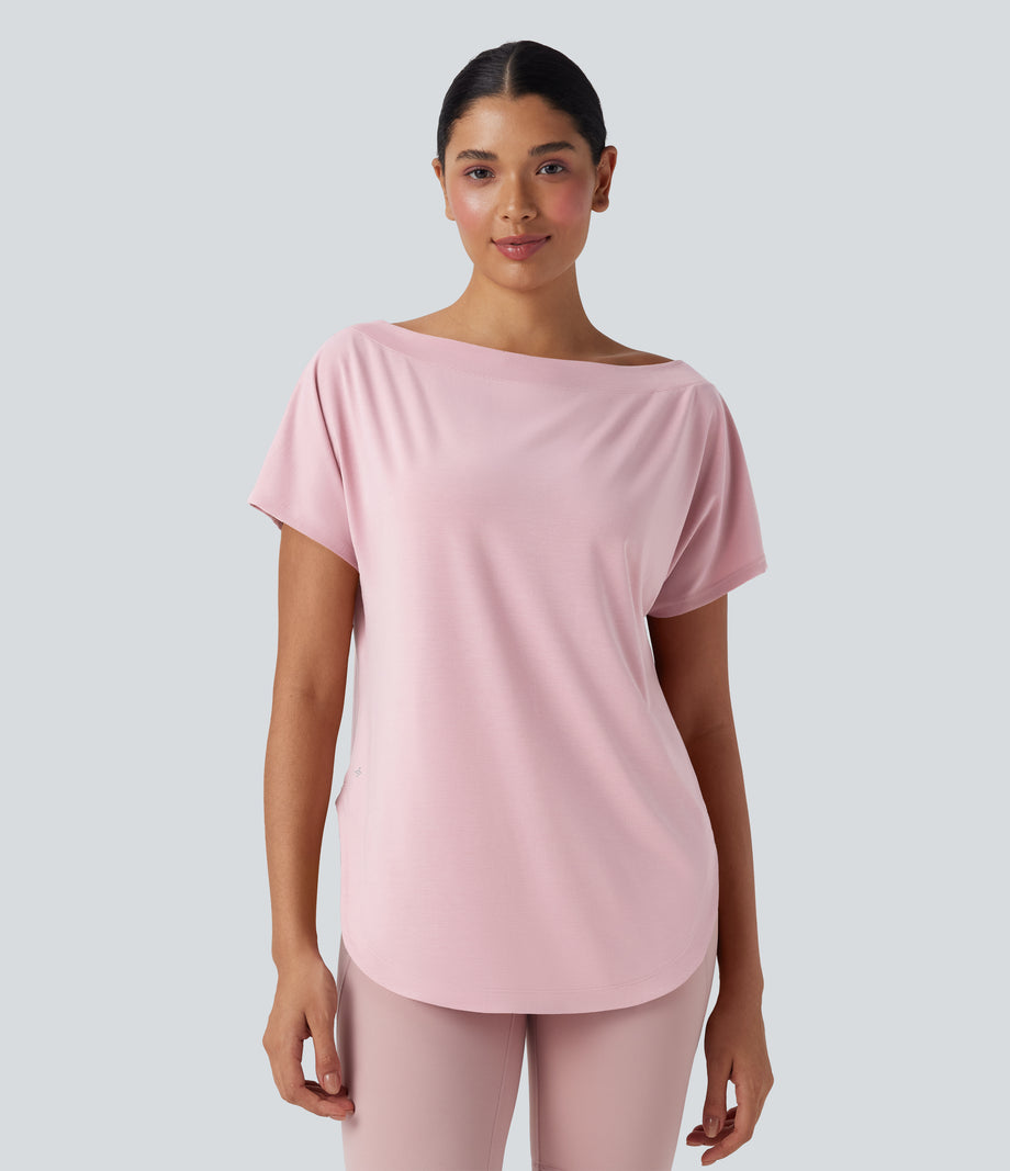 One Shoulder Short Sleeve Curved Hem High Low Quick Dry Yoga Sports Top - Pale Lilac
