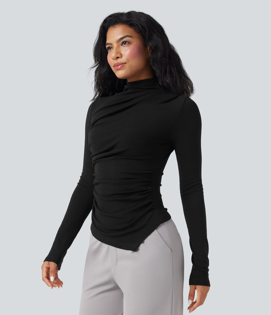 Mock-neck Long Sleeve Ruched Asymmetric Hem Thermal Casual Top - Black