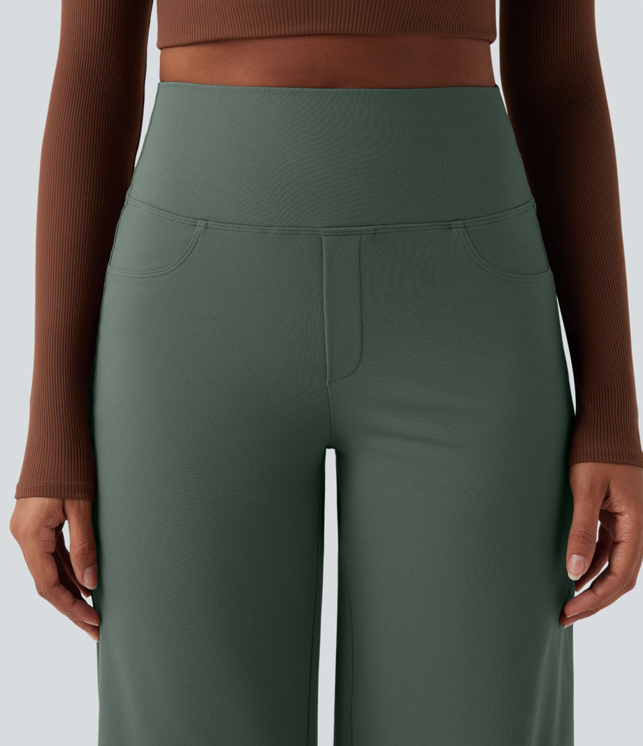 DayStretch High Waisted Tummy Control Wide Leg Baggy Yoga Pants with Pockets - Deep Aquamarine