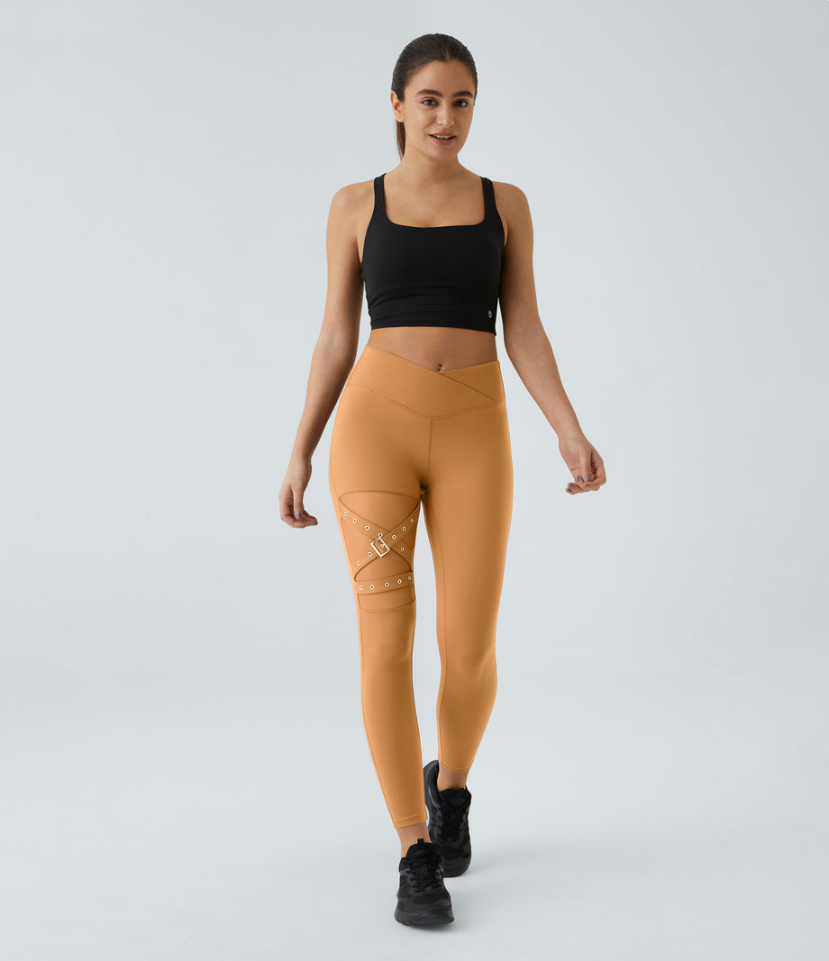DayStretch High Waisted Crossover Contrast Mesh Decorative Buckle Yoga Leggings - Buckskin