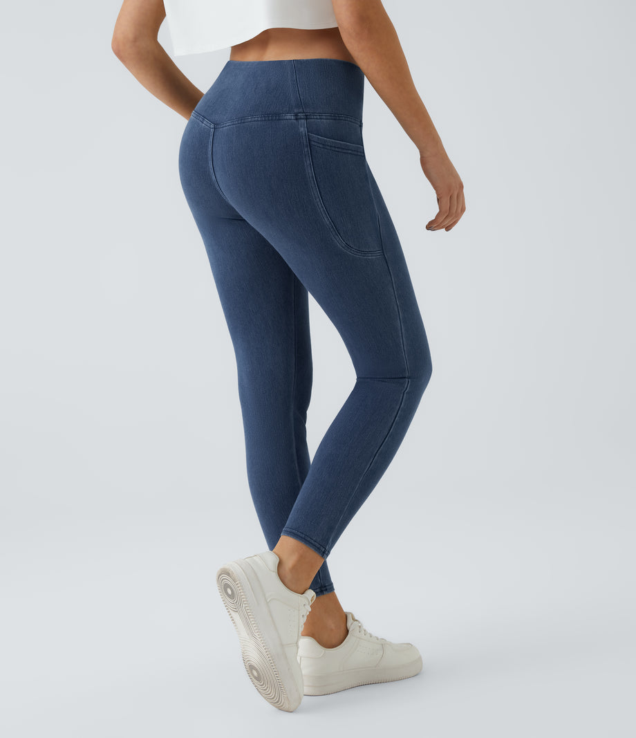 Halara Flex™ Crossover Pocket Washed Denim Work Leggings - Washed Denim Bleached Blue