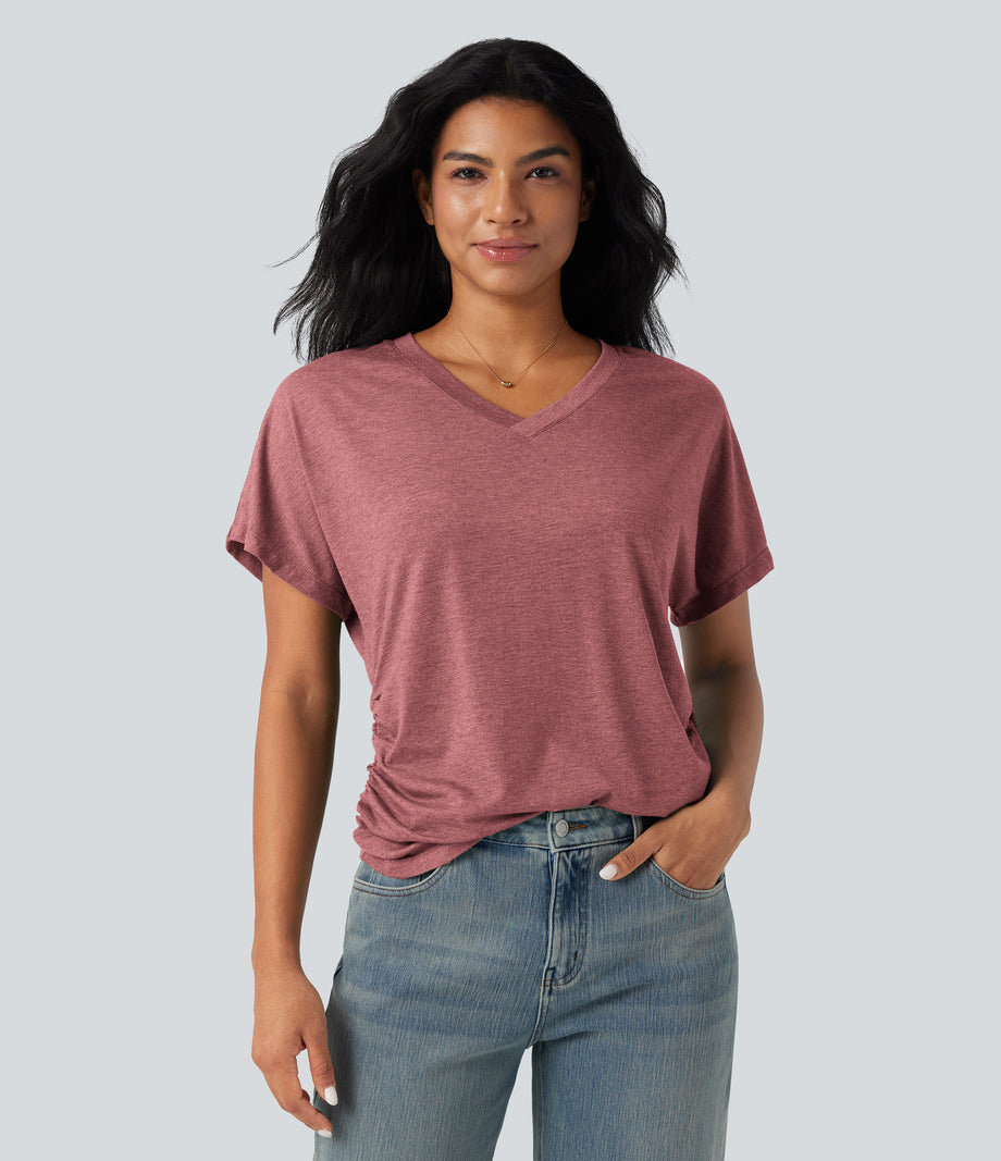 V-neck Short Sleeve Ruched Relaxed Casual Top - Brick Red Mix