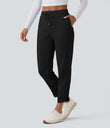 Mid Rise Drawstring Curved Hem Quick Dry Golf Tapered Pants with Pockets-UPF40+ - Black