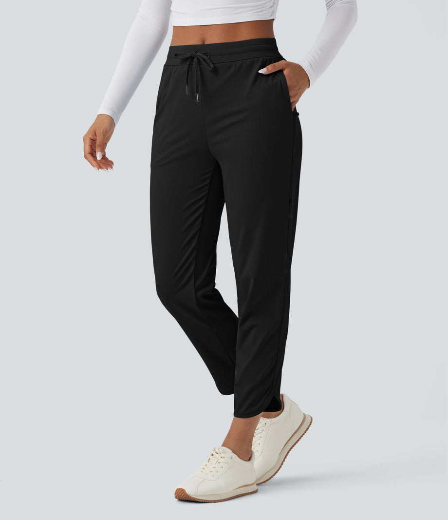 Mid Rise Drawstring Curved Hem Quick Dry Golf Tapered Pants with Pockets-UPF40+ - Black