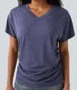 V-neck Short Sleeve Ruched Relaxed Casual Top - Gray Blue