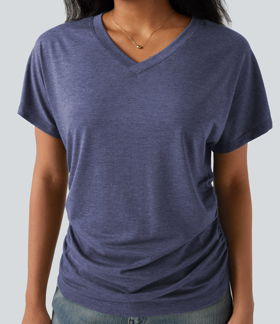 V-neck Short Sleeve Ruched Relaxed Casual Top - Gray Blue
