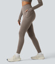 Halara Ultrasculpt™ Heat High Waisted Tummy Control Crossover Back Fleece Running Leggings with Pockets - Walnut