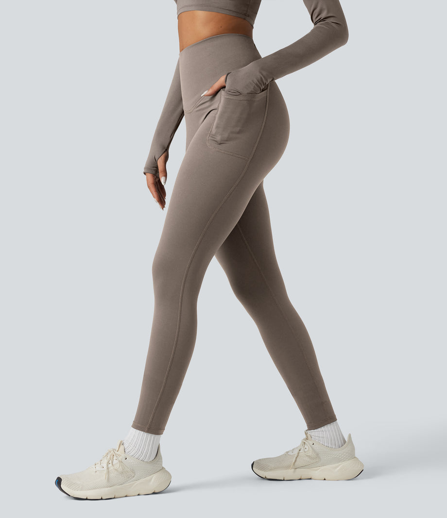 Halara Ultrasculpt™ Heat High Waisted Tummy Control Crossover Back Fleece Running Leggings with Pockets - Walnut