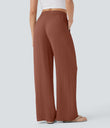 High Waisted Drawstring Pocket Wide Leg Baggy Casual Linen-Feel Pants - Sequoia