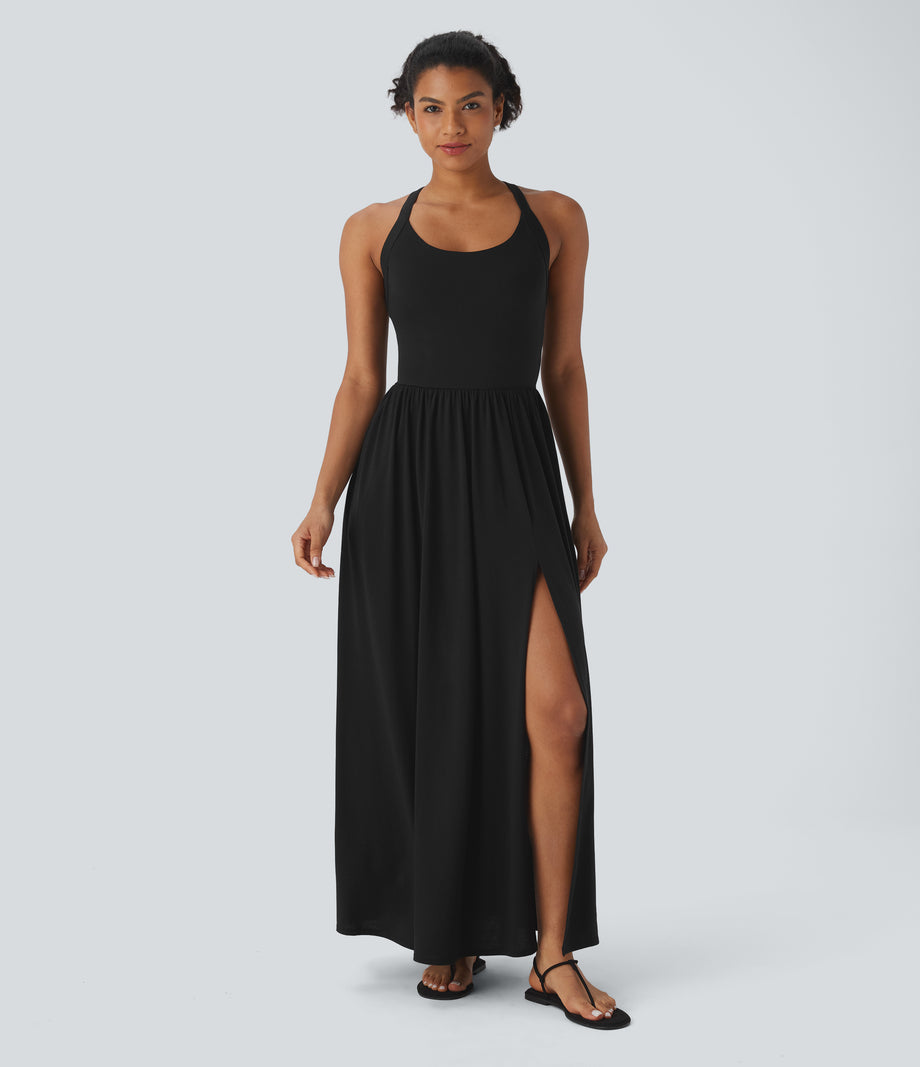 Twisted Backless Split Flowy Maxi Resort Dress with Pockets - Black