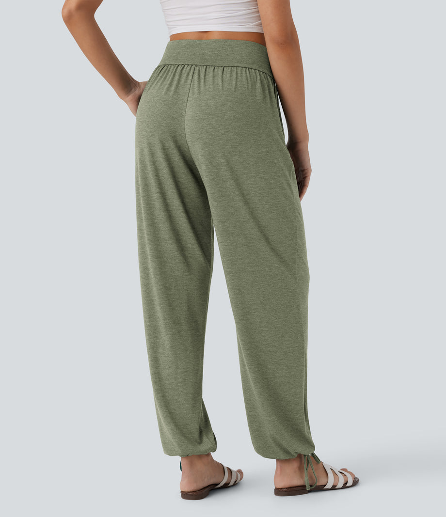 Crossover High Waisted Pocket Drawstring Casual Joggers - Light Green Floral Yarn