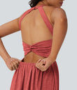 Twisted Backless Split Flowy Maxi Resort Dress with Pockets - Poinsettia Floral Yarn