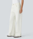 Halara Flex™ Low Rise Zipper Pockets Washed Baggy Wide Leg Casual Jeans - Beige Denim