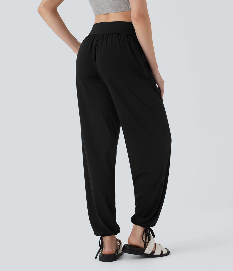 Crossover High Waisted Pocket Drawstring Casual Joggers - Black