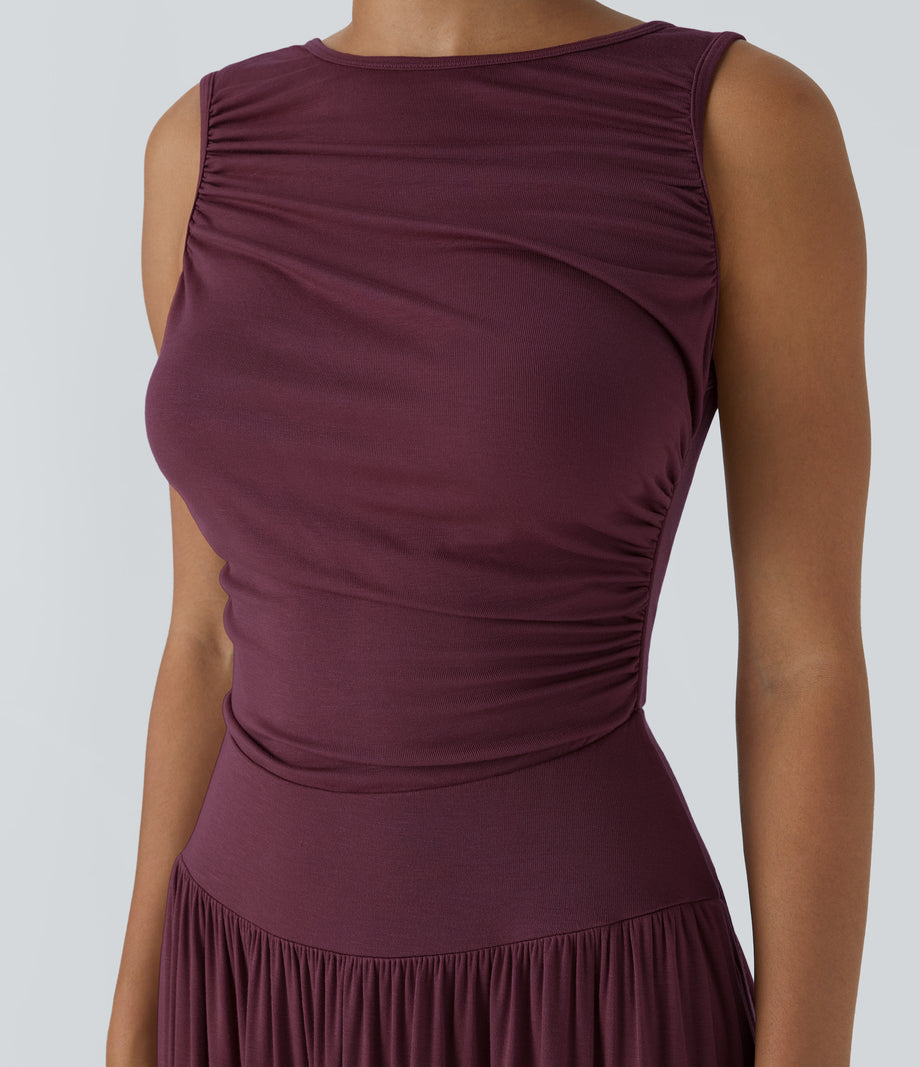 Ribbed Boat Neck Asymmetric Strap Ruched Pocket Flowy Maxi Casual Dress - Maroon Banner