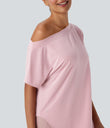 One Shoulder Short Sleeve Curved Hem High Low Quick Dry Yoga Sports Top - Pale Lilac