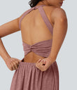 Twisted Backless Split Flowy Maxi Resort Dress with Pockets - Brick Red Mix