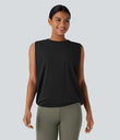 Round Neck Ruched Cool Touch Yoga Tank Top-UPF50+ - Black