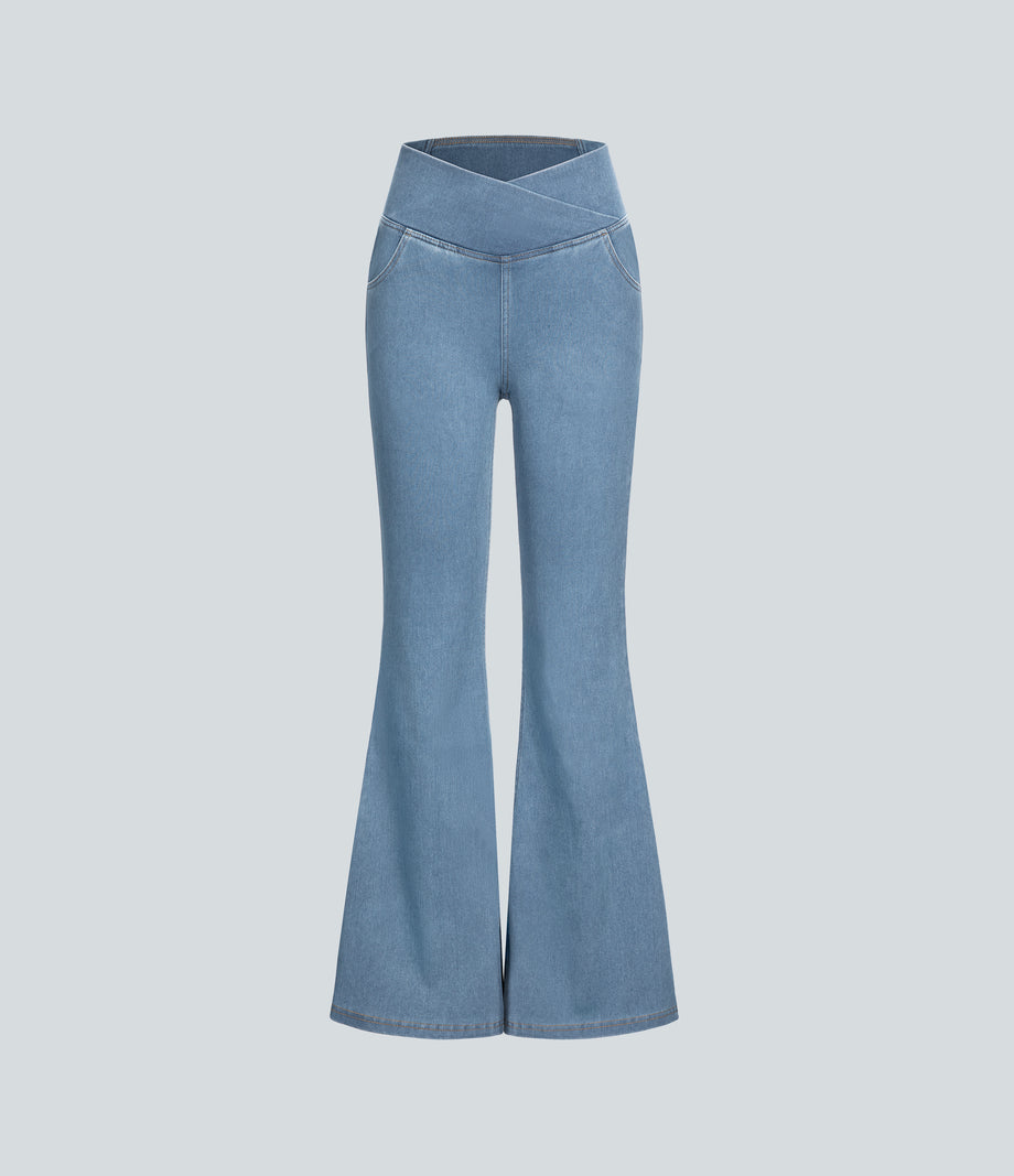 Halara Flex™ High Waisted Crossover Pocket Washed Casual Jeans - Washed Denim Sunny Blue