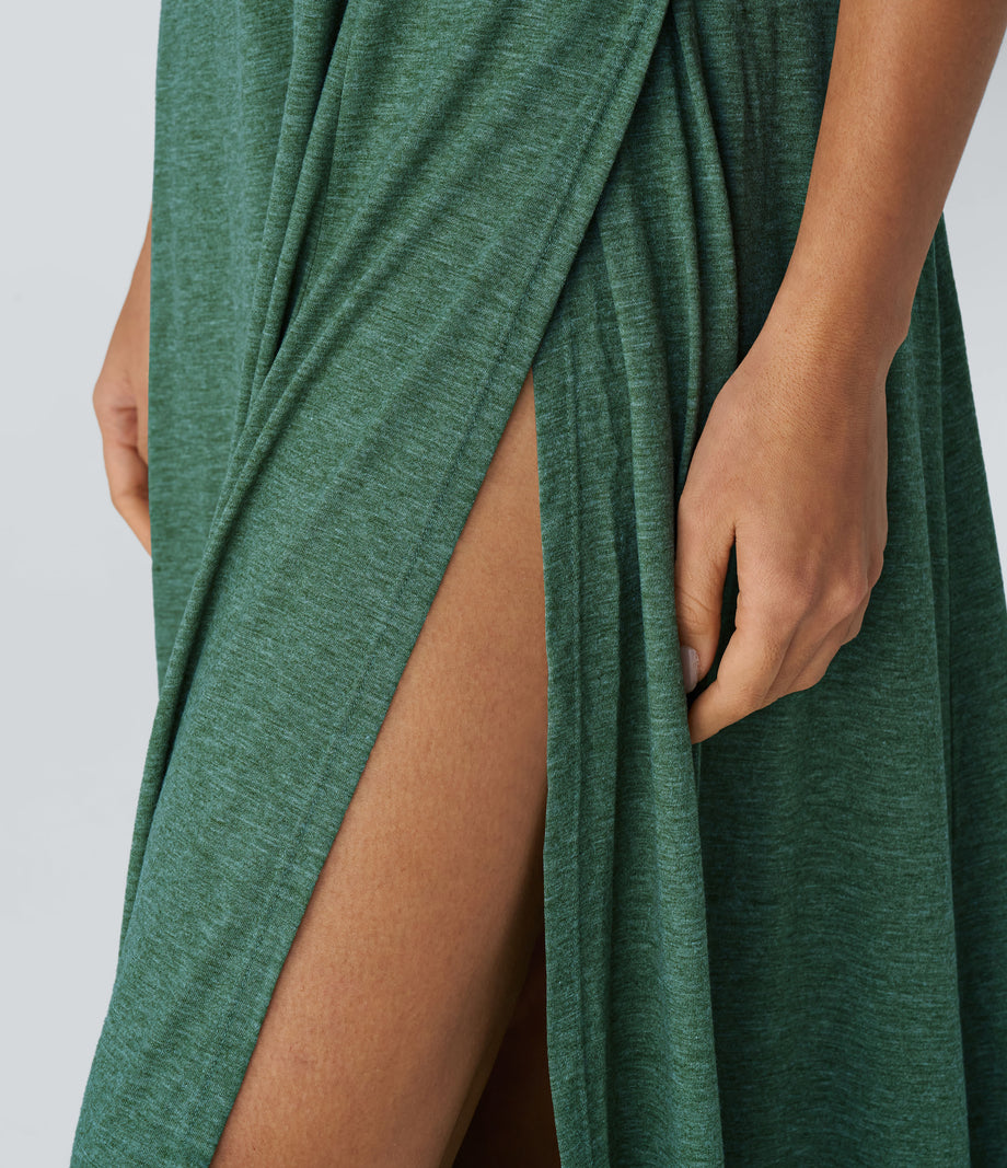 U Neck Flowy Maxi Casual Tank Dress - Dark Green Floral Yarn