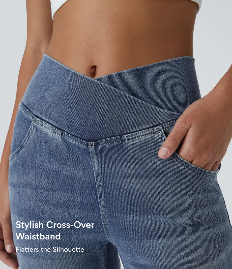 Halara Flex™ High Waisted Crossover Pocket Washed Casual Flare Jeans - Blue Gray Denim