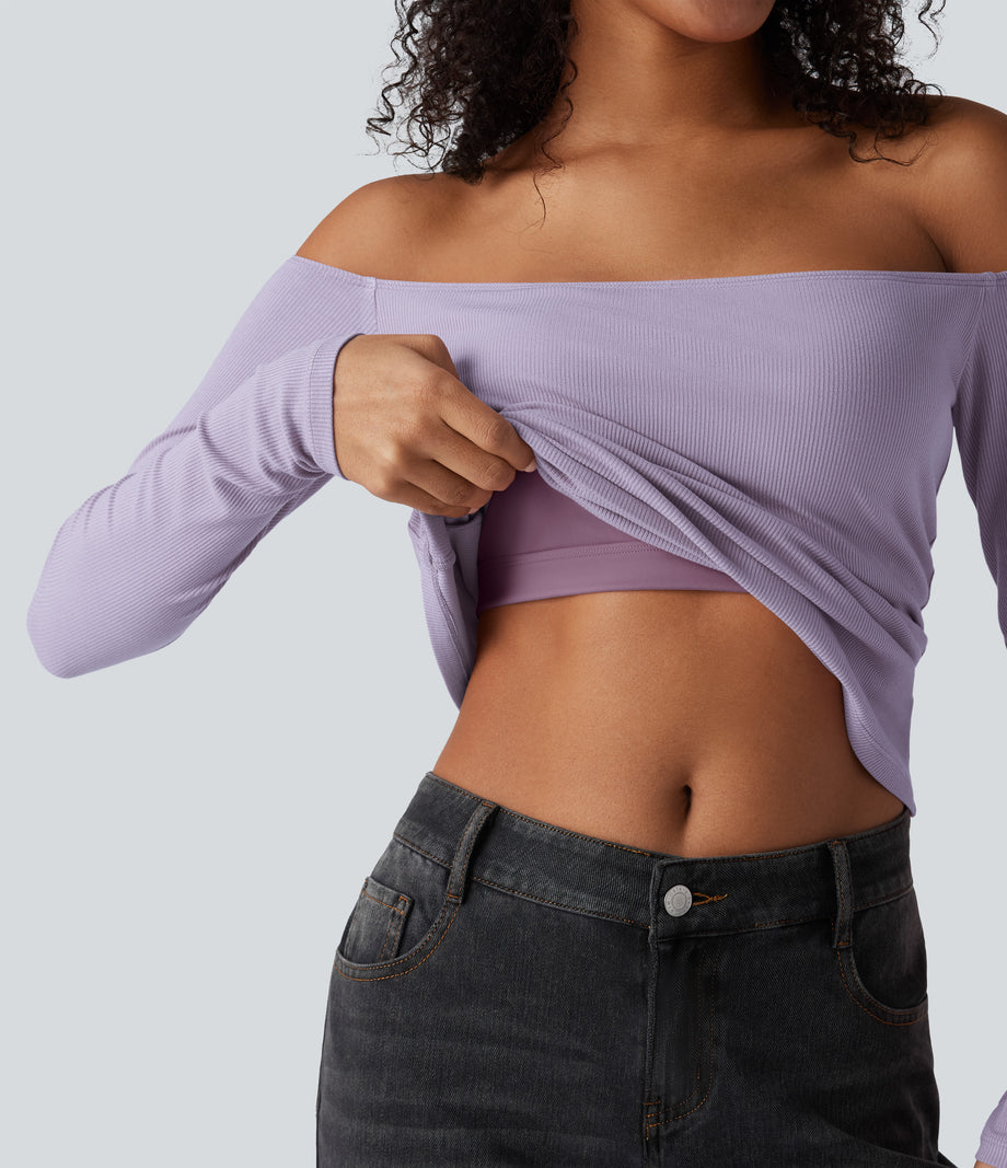 Ribbed Knit Off Shoulder Long Sleeve 2-in-1 Casual Top - Mashed Taro purple