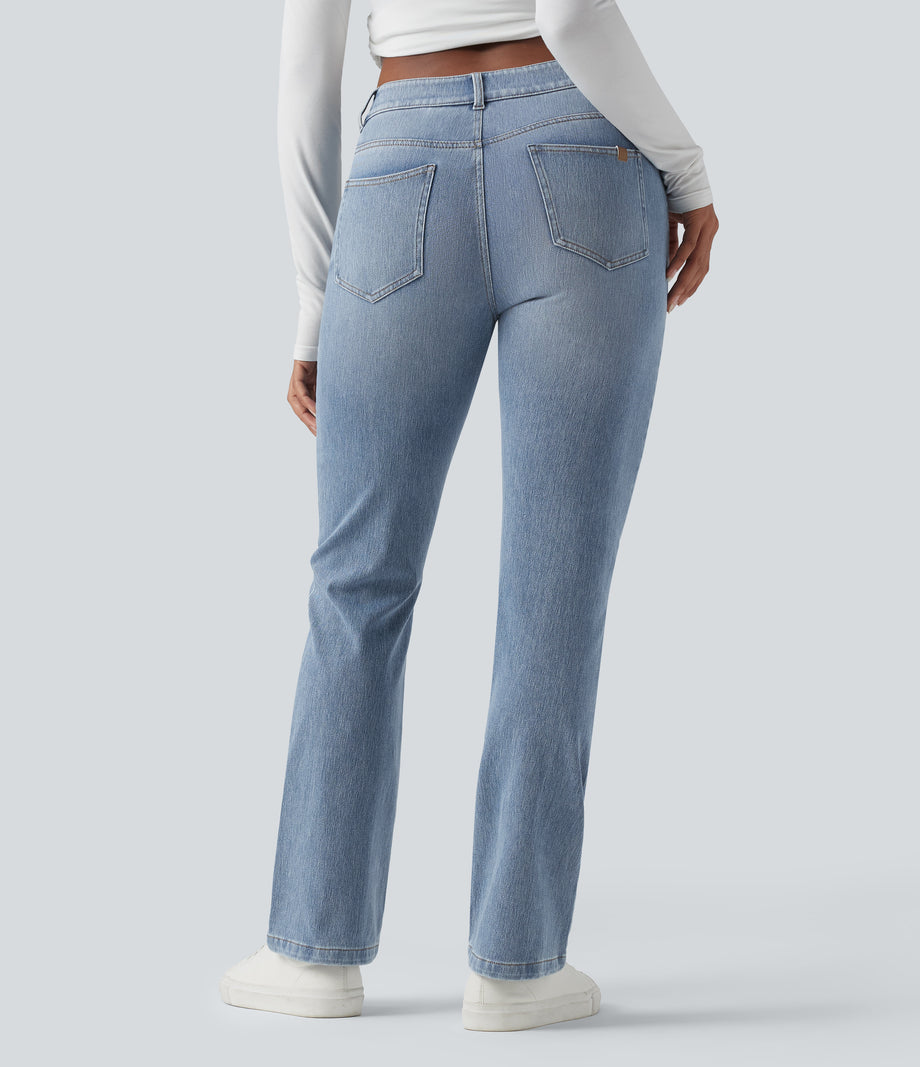 Halara Flex™ Low Rise Zipper Pockets Washed Casual Bootcut Jeans - Sea Blue Denim